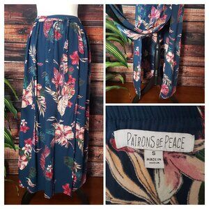 Patrons Of Peace Maxi Skirt S High Double Slit Rayon Navy Floral Elastic